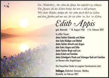 Traueranzeige von Edith Appis von Südthüringer Presse