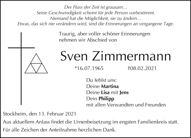  Traueranzeige für Sven Zimmermann vom 13.02.2021 aus Neue Presse Coburg
