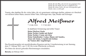 Traueranzeige von Alfred Meißmer von Südthüringer Presse