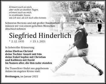 Traueranzeige von Siegfried Hinderlich von Südthüringer Presse