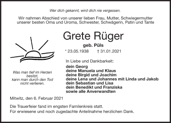 Traueranzeige von Grete Rüger von Neue Presse Coburg