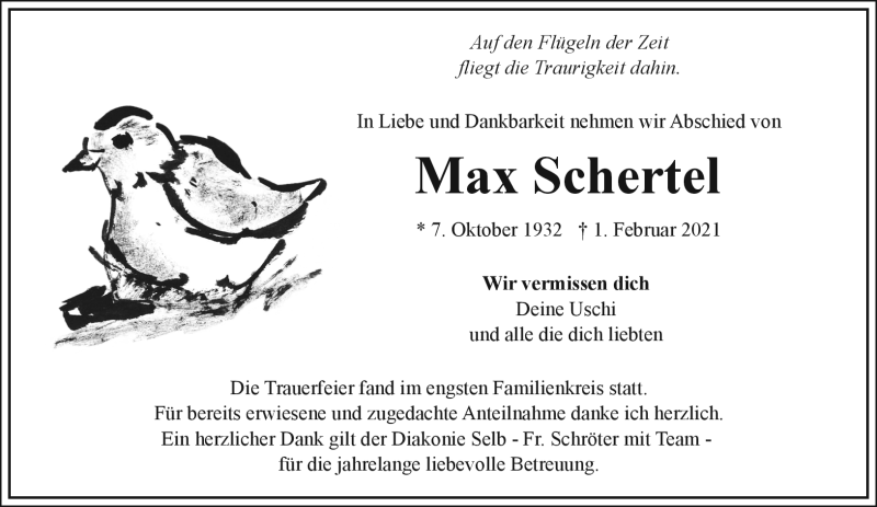  Traueranzeige für Max Schertel vom 27.02.2021 aus Frankenpost