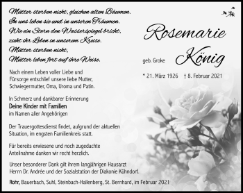Traueranzeige von Rosemarie König von Südthüringer Presse