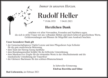 Traueranzeige von Rudolf Heller von Südthüringer Presse