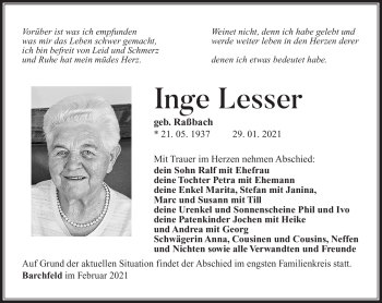 Traueranzeige von Inge Lesser von Südthüringer Presse