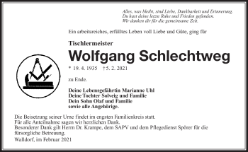 Traueranzeige von Wolfgang Schlechtweg von Südthüringer Presse