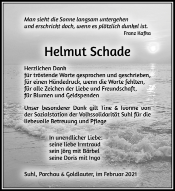 Traueranzeige von Helmut Schade von Südthüringer Presse