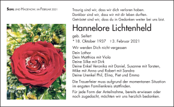 Traueranzeige von Hannelore Lichtenheld von Südthüringer Presse