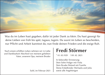 Traueranzeige von Fredi Störmer von Südthüringer Presse