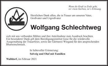 Traueranzeige von Wolfgang Schlechtweg von Südthüringer Presse