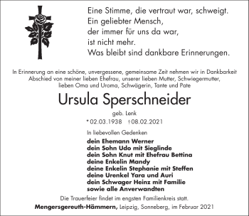 Traueranzeige von Ursula Sperschneider von Südthüringer Presse