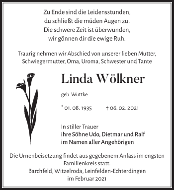 Traueranzeige von Linda Wölkner von Südthüringer Presse