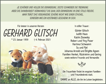 Traueranzeige von Gerhard Glitzsch von Südthüringer Presse