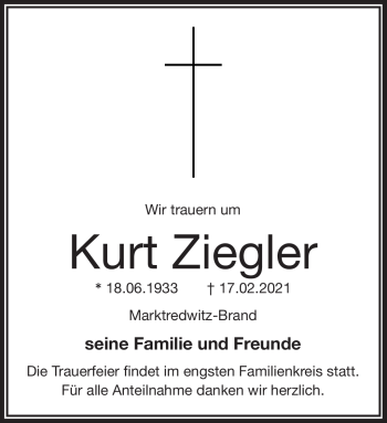 Traueranzeige von Kurt Ziegler von Frankenpost