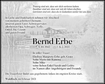 Traueranzeige von Bernd Erbe von Südthüringer Presse