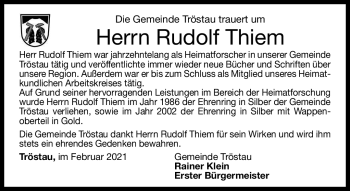 Traueranzeige von Rudolf Thiem von Frankenpost