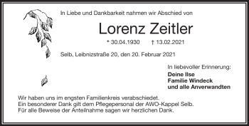 Traueranzeige von Lorenz Zeitler von Frankenpost
