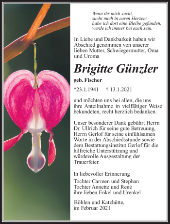 Traueranzeige von Brigitte Günzler von Südthüringer Presse