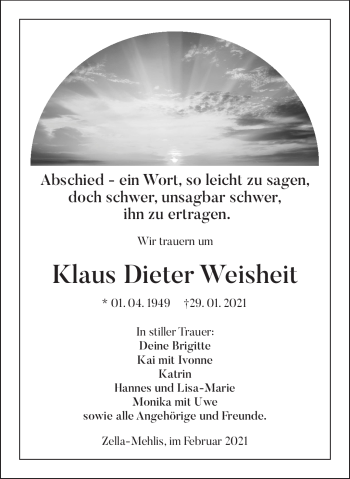 Traueranzeige von Klaus Dieter Weisheit von Südthüringer Presse