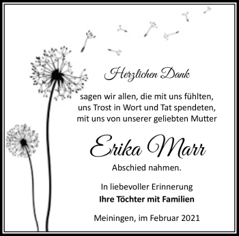 Traueranzeige von Erika Marr von Südthüringer Presse