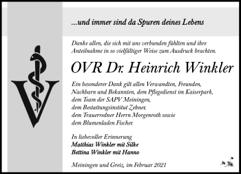 Traueranzeige von Heinrich Winkler von Südthüringer Presse