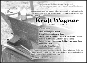 Traueranzeige von Kraft Wagner von Südthüringer Presse