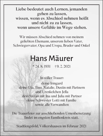 Traueranzeige von Hans Mäurer von Südthüringer Presse
