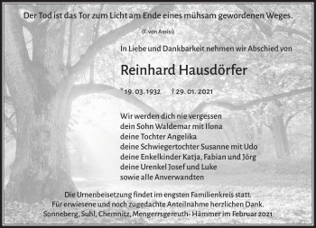 Traueranzeige von Reinhard Hausdörfer von Südthüringer Presse