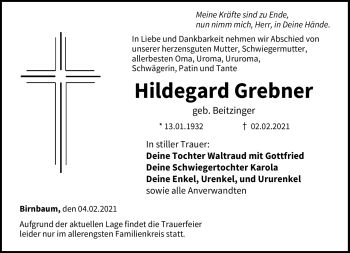 Traueranzeige von Hildegard Grebner von Neue Presse Coburg