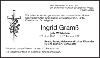 Traueranzeige von Ingrid Gramuß von Neue Presse Coburg