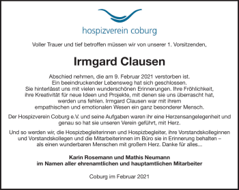 Traueranzeige von Irmgard Clausen von Neue Presse Coburg