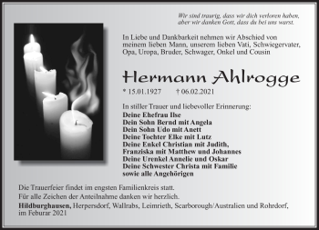Traueranzeige von Herrmann Ahlrogge von Südthüringer Presse