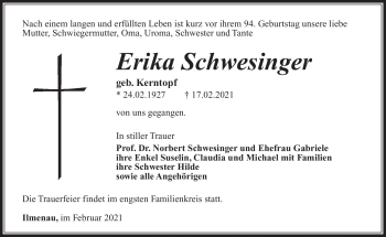 Traueranzeige von Erika Schwesinger von Südthüringer Presse