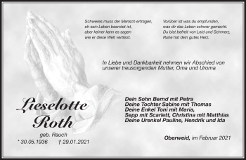 Traueranzeige von Lieselotte Roth von Südthüringer Presse