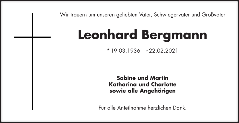  Traueranzeige für Leonhard Bergmann vom 27.02.2021 aus Frankenpost