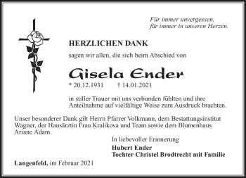 Traueranzeige von Gisela Ender von Südthüringer Presse