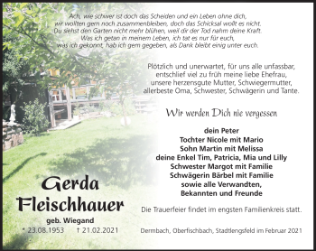 Traueranzeige von Gerda Fleischhauer von Südthüringer Presse