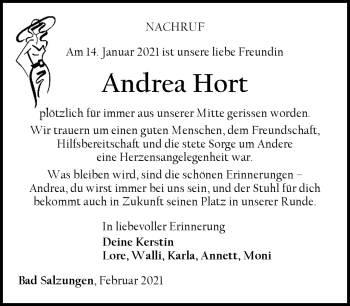 Traueranzeige von Andrea Hort von Südthüringer Presse