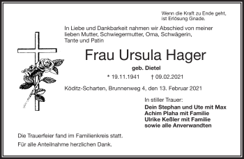 Traueranzeige von Ursula Hager von Frankenpost