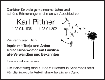 Traueranzeige von Karl Pittner von Neue Presse Coburg