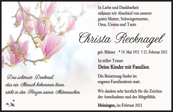 Traueranzeige von Christa Recknagel von Südthüringer Presse