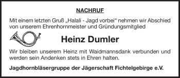 Traueranzeige von Heinz Dumler von Frankenpost