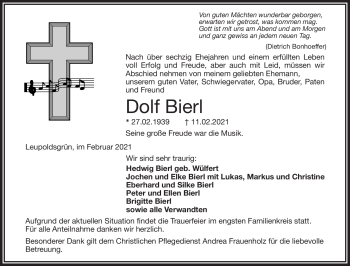 Traueranzeige von Adolf Bierl von Frankenpost