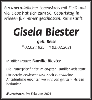 Traueranzeige von Gisela Biester von Südthüringer Presse