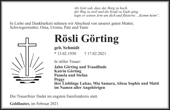 Traueranzeige von Rösli Görting von Südthüringer Presse