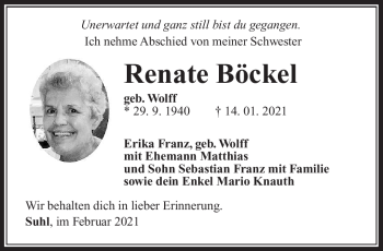 Traueranzeige von Renate Bröckel von Südthüringer Presse