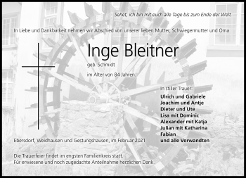 Traueranzeige von Inge Bleitner von Neue Presse Coburg