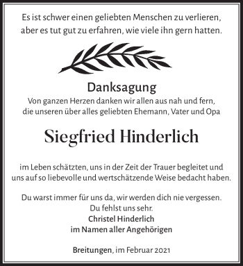 Traueranzeige von Siegfried Hinderlich von Südthüringer Presse