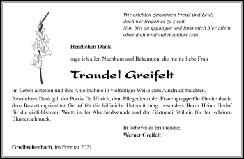Traueranzeige von Trauel Greifelt von Südthüringer Presse