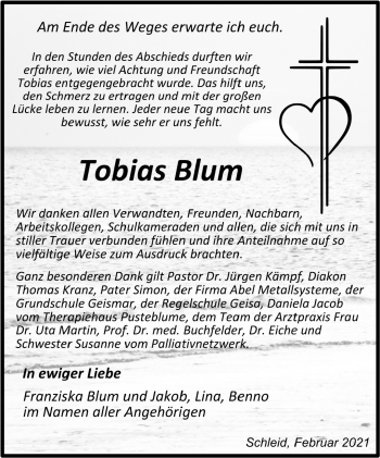 Traueranzeige von Tobias Blum von Südthüringer Presse